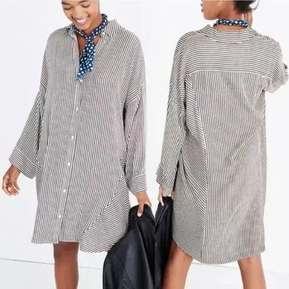 Relaxed Striped Button-Down Shirt Dress - Black & White